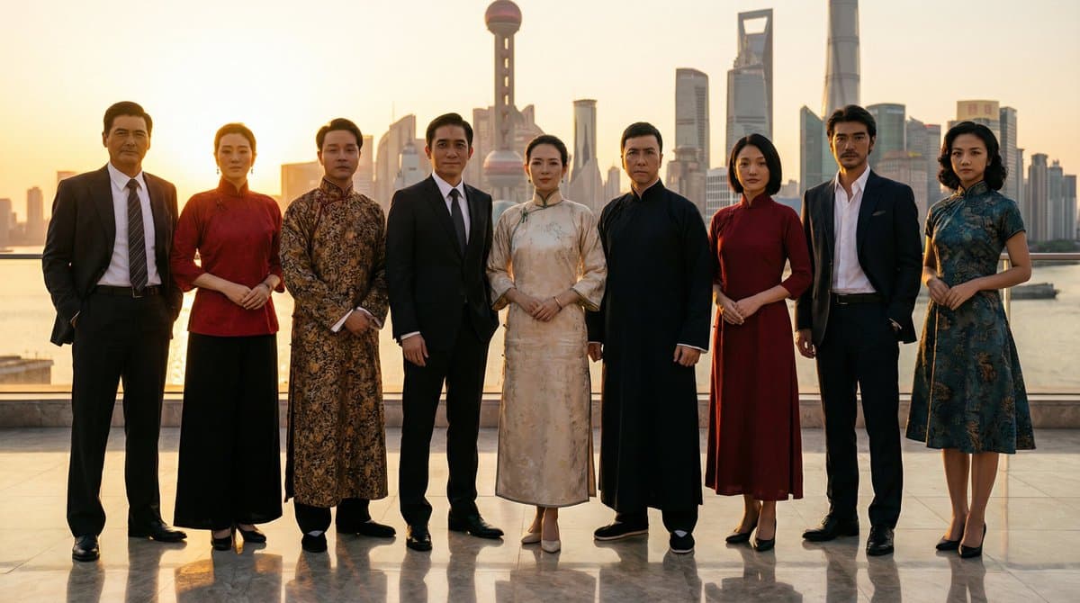 Gruppenfoto in den ikonischen Outfits am Shanghaier Flussufer