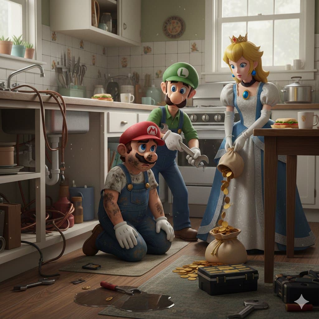 Mario and Luigi are fixing Peach's kitchen.