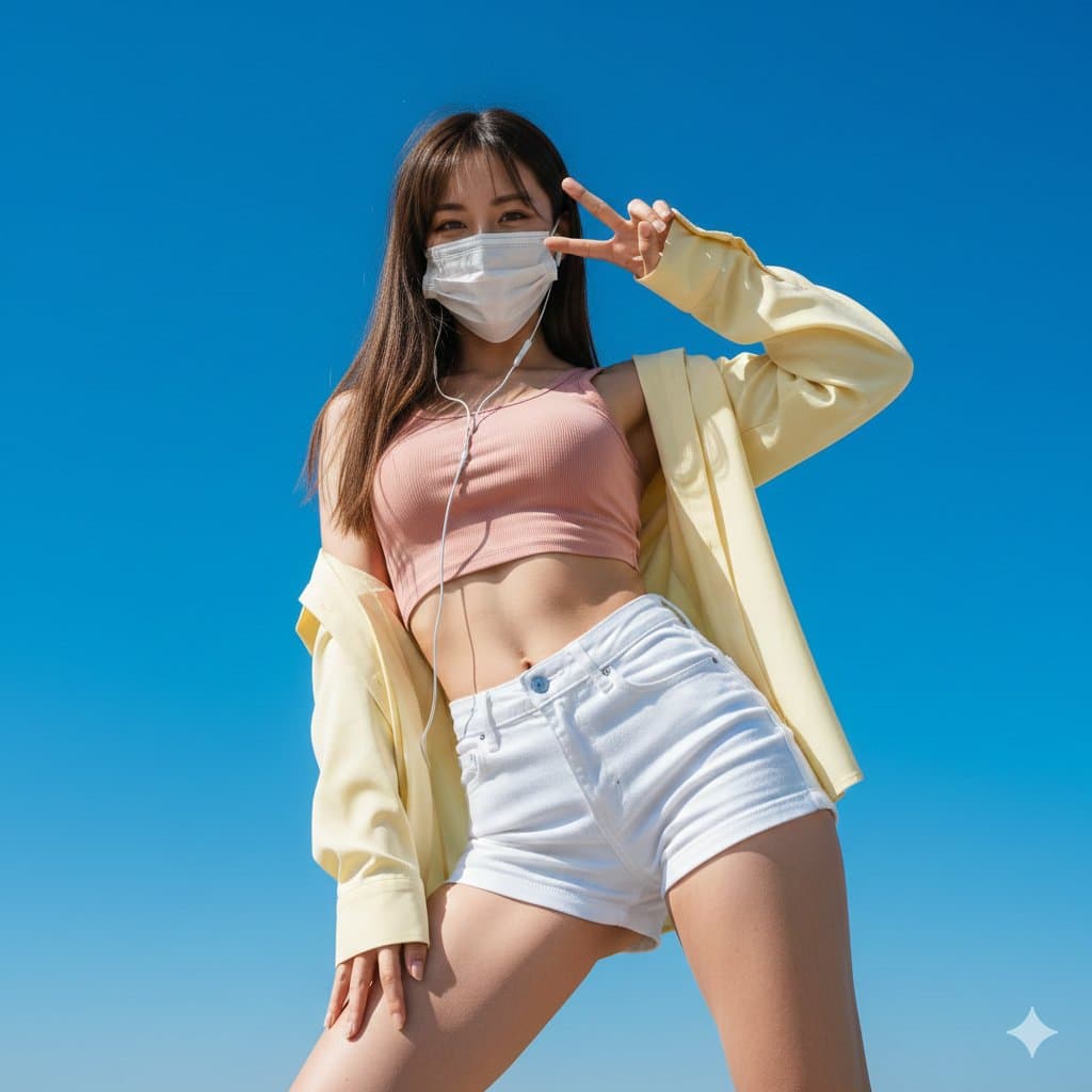 Das Mädchen mit Maske zeigte ein Victory-Zeichen.