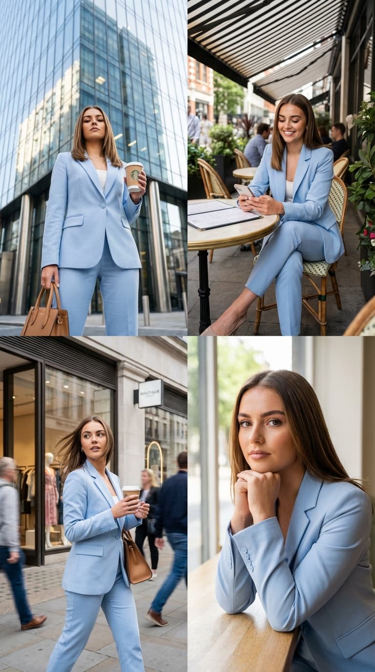 A continuous collage composed of four fashionable lifestyle scenes.