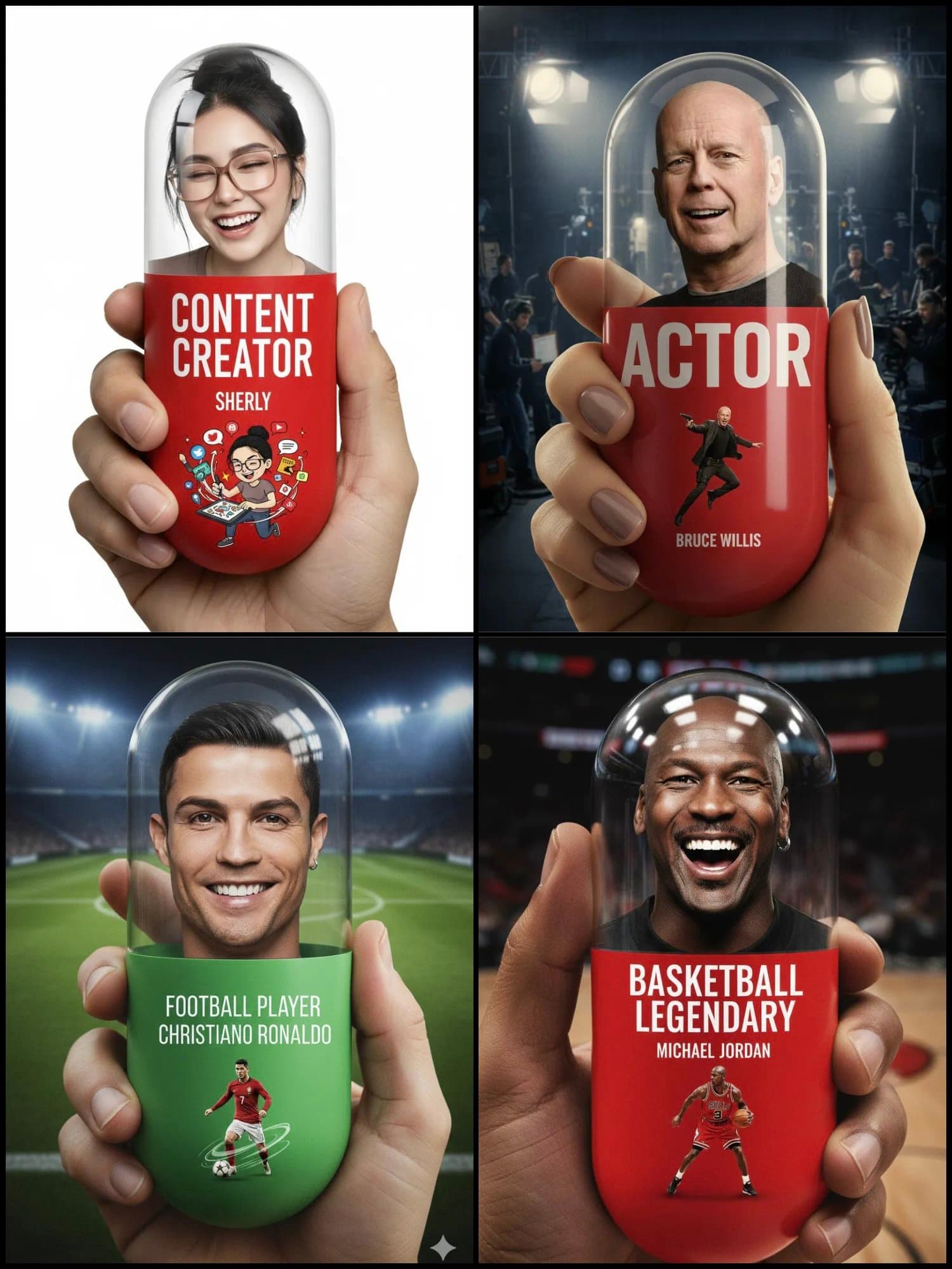 Un primer plano de una mano sosteniendo una enorme píldora vertical.