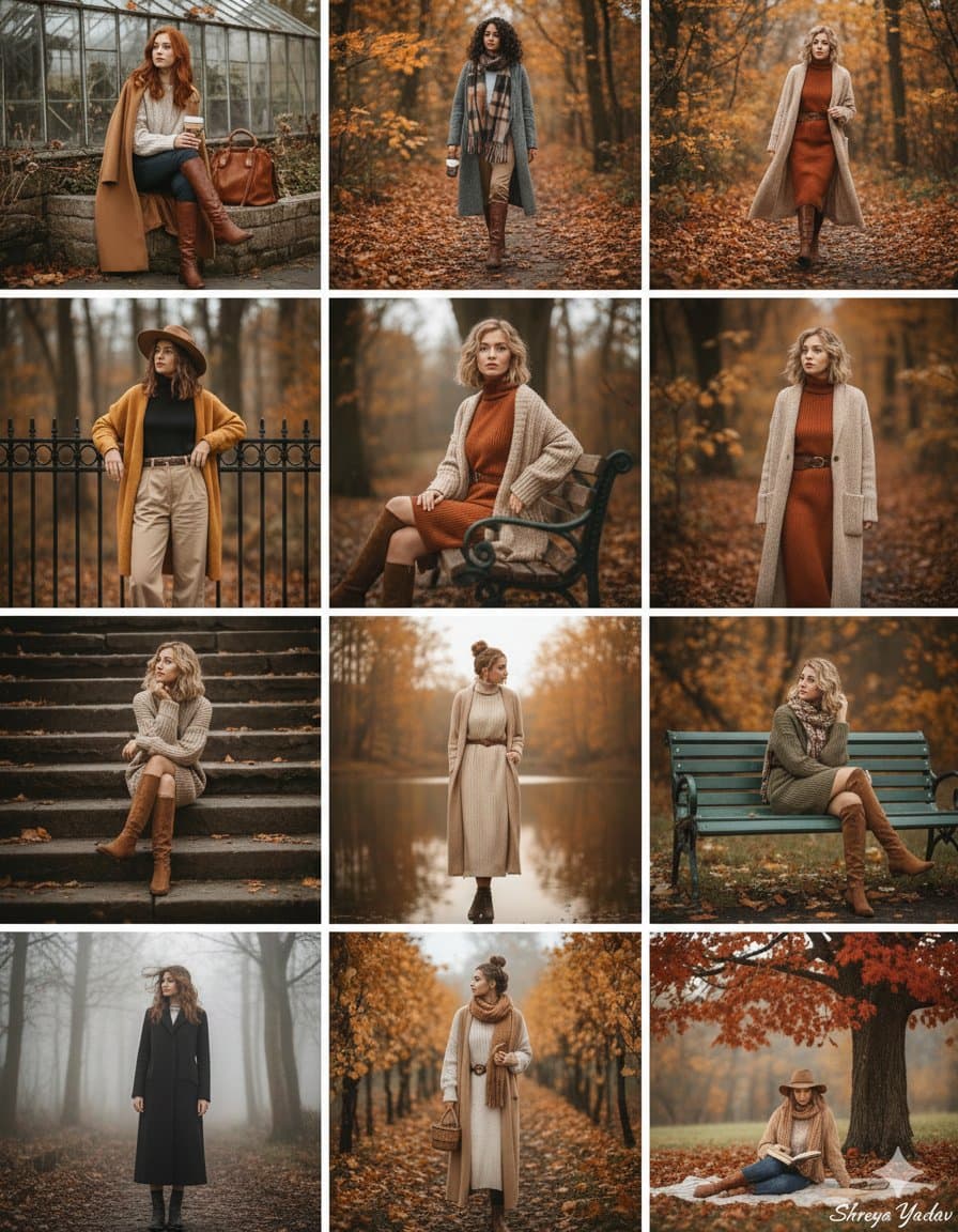 Eine Herbstmode-Collage aus 12 unabhängigen Fotos