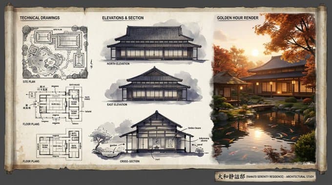 Architectural Illustrator's Presentation Board for Residential Design