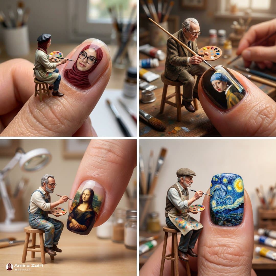 A micro-artist paints on a giant human fingernail.